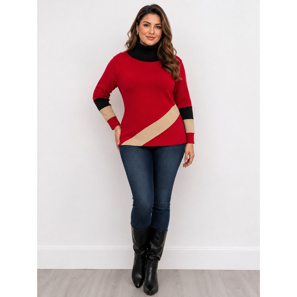 Tessori Colorblock Turtleneck Knit Sweater Red Black Beige Size L